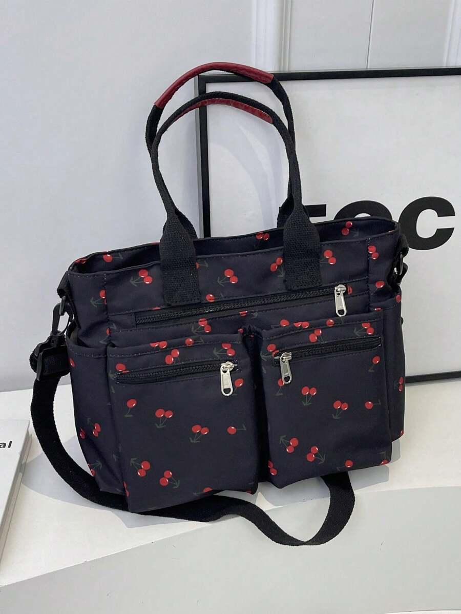 Bolso de mano casual de moda con estampado, adecuado para ir al trabajo, viajar, hacer ejercicio, puede contener botella de agua, teléfono, cosméticos, paraguas, con correa para el hombro ajustable - Negro - Ver 1