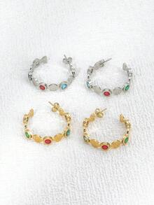 1pair European And American Style Stainless Steel Gold Plated Colorful Rhinestone Inlaid C-Shaped Earrings Suitable For Women's Daily Wear - Gold - View 8