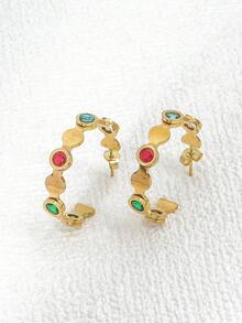 1pair European And American Style Stainless Steel Gold Plated Colorful Rhinestone Inlaid C-Shaped Earrings Suitable For Women's Daily Wear - Gold - View 7