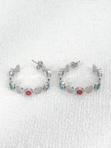 1pair European And American Style Stainless Steel Gold Plated Colorful Rhinestone Inlaid C-Shaped Earrings Suitable For Women's Daily Wear - Gold - View 4