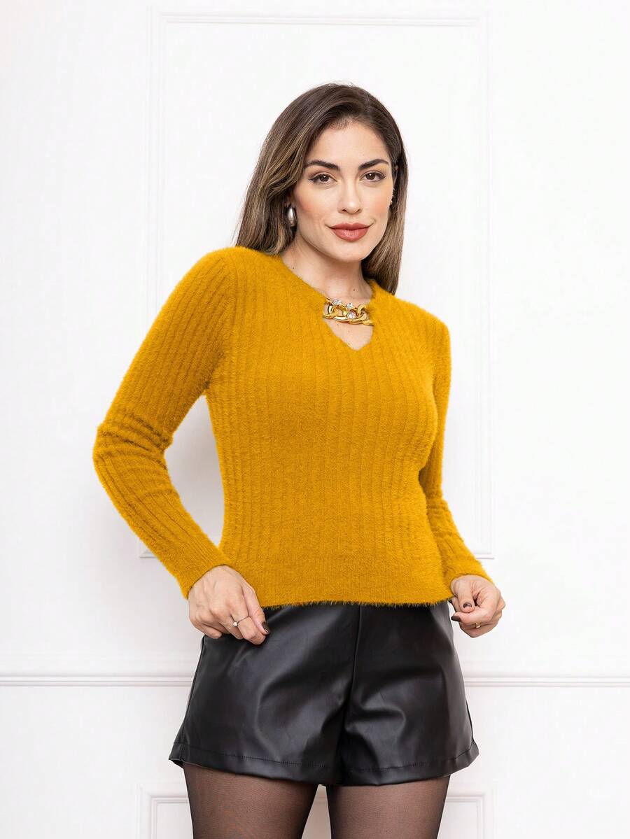 Women Knit Tops - 芥末黃 - 查看 1