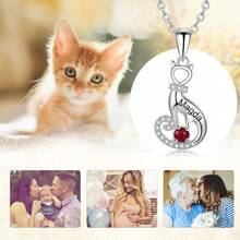 S925 Sterling Silver Diamond Pendant Jewelry Necklace With Cat Design,Custom Name And Birthstone,Diy Valentine's Day/Birthday Day Gift