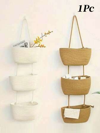 1pc 3-Tier Rope Woven Hanging Storage Baskets - Detachable Decorative Organizers For Living Room, Bathroom, And Bedroom, Over The Door Hanging Basket With Multiple Storage Compartments