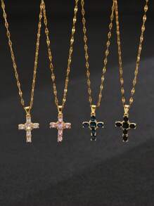 One Piece Multi Color CZ Cross Necklace Fashionable Stainless Steel Lip Chain Crystal Cross Pendant Necklace Jewelry - Gold - View 6