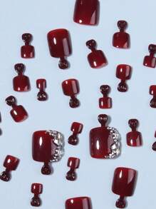 Conjunto de 24 piezas de uñas de pedicura cuadradas en color rojo vino con diseño de pedrería, incluye 1 tubo de pegamento con gelatina y 1 lima de uñas, adecuado para uso diario en verano para mujeres y niñas como suministros de uñas uñas falsas uña falsa uña acrílica - Burdeos - Ver 3