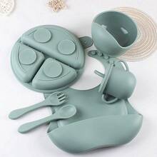 6pcs Silicone Baby Feeding Set - Baby Weaning Supplies, Toddler Utensils, Transition Sippy Cup With Straw, Suction Bowl & Plate, Silicone Bibs - Army Green - View 5