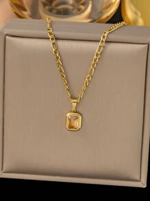 1pc Fashionable Rhinestone Inlaid Square Glass Decor Stainless Steel Necklace, Suitable For Women Party Wear Or Gift For Mother - Yellow Gold - View 3
