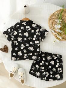 Baby Girl Chrysanthemum Printed Short Sleeve Shirt And Shorts Set, Summer