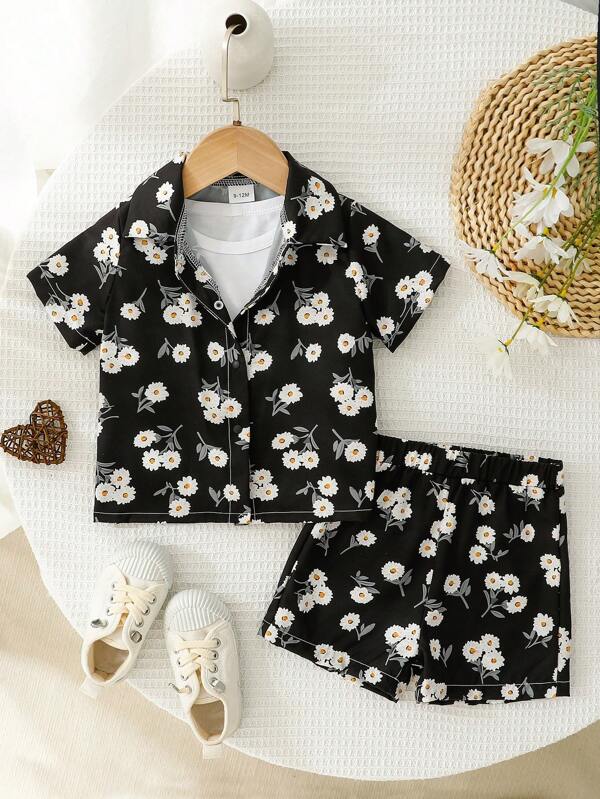 Baby Girl Chrysanthemum Printed Short Sleeve Shirt And Shorts Set, Summer