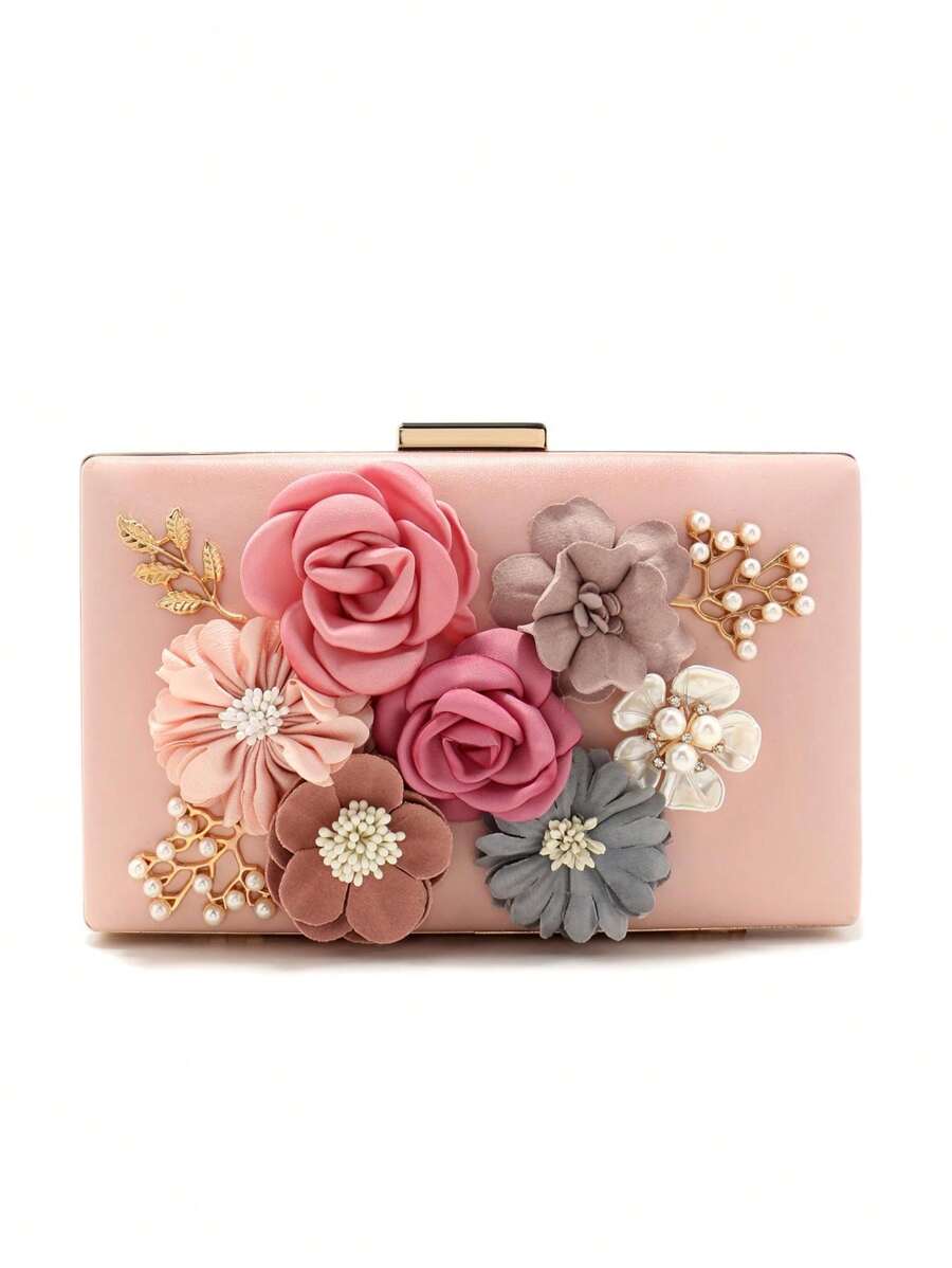 情人节礼物，浪漫花卉图案女士晚宴手拿包，时尚可爱女士手提包，闪亮珍珠和水钻装饰单肩包，春日粉色链条钱包 - 粉色 - 查看 1