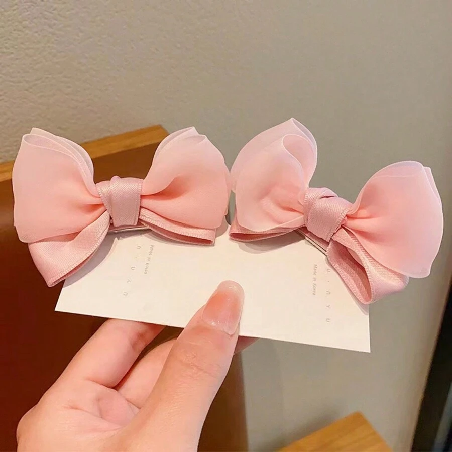 2pcs Girls Bowknot Hair Clips, Fresh Chiffon Headpieces (Slight Color Difference May Occur Due To Fabric Batch Variation, Which Is Normal) - Pink - View 1