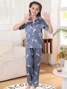 Tween Girl 2 件/套睡衣，夏季冰丝短袖 T 恤和长裤，羽毛印花图案家居服套装 - 藍色 - 查看 4