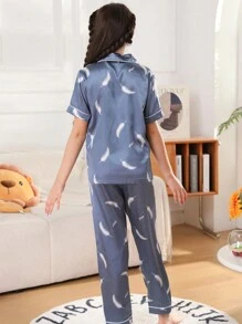Tween Girl 2 件/套睡衣，夏季冰丝短袖 T 恤和长裤，羽毛印花图案家居服套装 - 藍色 - 查看 3