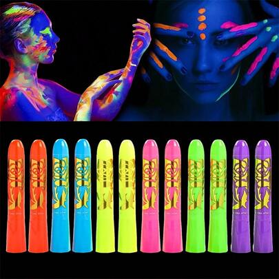 12pcs Glow In The Dark Body And Face Painting Neon Light UV Fluorescent Crayons Paint Sticks Adult Makeup Kit For Halloween, Costume Party, Rave, Blacklight Birthday Party