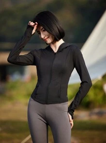 MUNZ 夏季运动女款冰爽Upf50+修身防晒连帽长袖夹克 - 黑色 - 查看 3