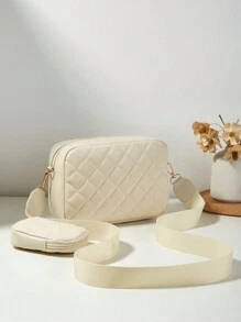 1 件女士小方形单肩包和斜挎包，绗缝钻石图案迷你手提包/零钱包 - 米色 - 查看 4