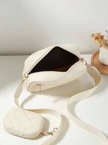 1 件女士小方形单肩包和斜挎包，绗缝钻石图案迷你手提包/零钱包 - 米色 - 查看 6