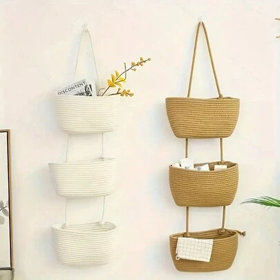 1pc 3-Tier Woven Hanging Storage Basket - Detachable Decorative Organizer Rack, Suitable For Living Room, Bathroom And Bedroom, Over-The-Door Hanging Basket With Multiple Storage Compartments