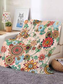 1pc Floral Flannel Soft Sherpa Fleece Blanket Suitable For Sofa, Bed - Multicolor - View 3