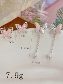 4入組甜美合金粉色蝴蝶掛墜仿珍珠耳環，適合日常或派對女性佩戴 - 粉色 - 查看 5