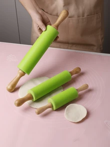 1pc Silicone Rolling Pin With Wooden Handle, Home Use Non-Stick Dough Roller, Dumpling Kneading Baking Tool, Kitchen Utensil - Green - View 12