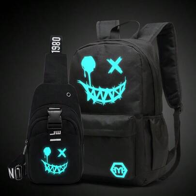 2pcs Fluorescence Night Backpack Set For Men, 2pcs Minimalist Stylish Cartoon Pattern Backpack Set With Chest Pack, Suitable For School, For Men, Boys Men Gifts For Men Student Fall Travel Christmas Winter Gifts Holiday Thanksgiving Large Capacity Multi-Functional Outdoor Portable Fashionable Casual Dad Gifts Boyfriend Gifts Vacation Funny Gifts Chest Bag For Men Side Bags For Men Satchel Bag Leather Bag Hobo Bag Black Bag Travel Essentials Holiday Essentials Summer Spring Halloween Bag
