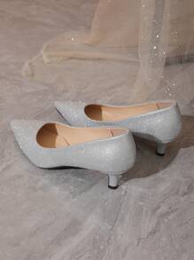 Zapatos De Tacón Bajo Plateados Para Bodas Y Fiestas De Mujeres, Con Punta Puntiaguda Y Diseño Elegante, Cómodo Y Llamativo - Plateado - Ver 7