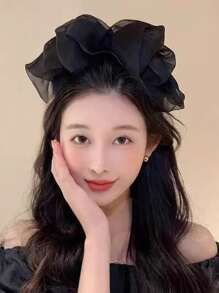 2021春夏女孩新品多層紗布超大蝴蝶結髮夾,適用於度假或日常生活 - 黑色 - 查看 4