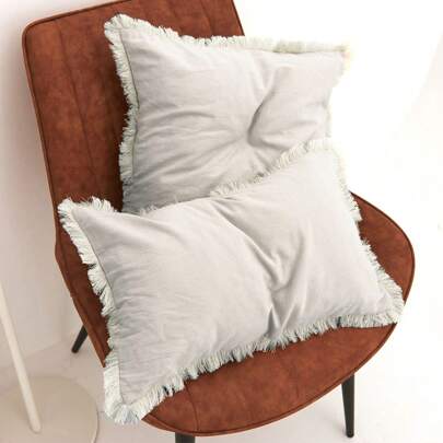 1pc Beige Tassel Trim Cushion Cover, Nordic Minimalist Style For Living Room Sofa, Office Decor