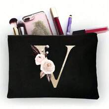 1pc Fashionable Item: Polyester Fiber Letter Print Zipper Cosmetic Bag/Storage Pouch, Excellent Gift For Couples And Families. The Cosmetic Bag Can Be Printed With Logo Patterns Or English Letters, A Stylish Women's Storage Pouch. Designed As A Coin Purse, Simple And Fashionable, With A Beautiful Appearance, Cute Large Capacity, And Portable Card Holder. - Black - View 11