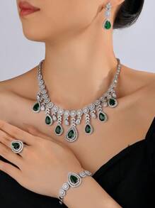 4-Piece European & American Style Bridal Jewelry Set: Blue Zirconia Necklace, Earrings, Ring, And Bracelet, Suitable For Dubai Wedding Dress, Middle Eastern Arabic Formal Gown, Valentine's Day Gift