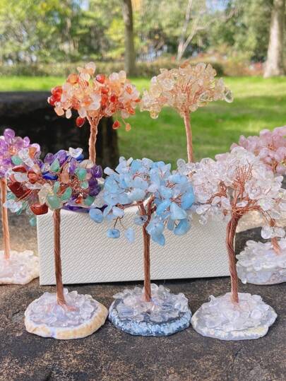 1 件天然水晶片金钱树手工许愿树配天然玛瑙片底座（材料随机）最佳礼物