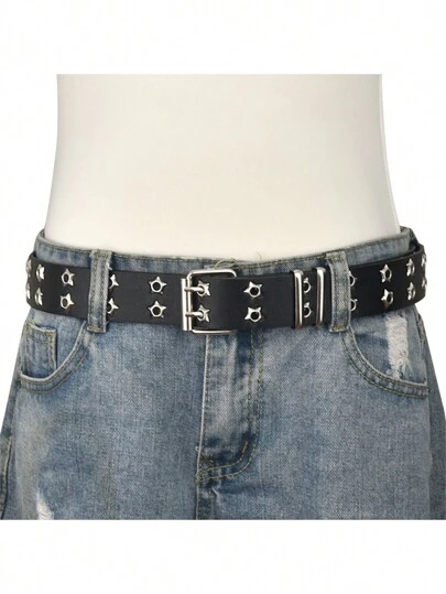 1 pieza Cinturón casual y punk con diseño calado para mujeres, con decoración de doble de estrellas y ojos, para uso en verano, escuela, otoño y Halloween