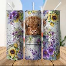 Vaso aislado de acero inoxidable de 20 oz con flores moradas y girasoles, excelente regalo para la familia y amigos (con pajilla) | 1 pieza