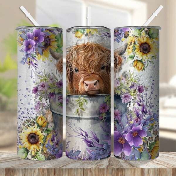 Vaso aislado de acero inoxidable de 20 oz con flores moradas y girasoles, excelente regalo para la familia y amigos (con pajilla) | 1 pieza