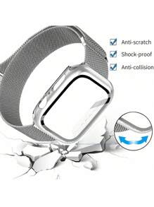 1 套 3 合 1 磁性不锈钢米兰尼斯表带 + 屏幕保护膜，带双排水钻表壳保护膜，适用于 38mm 40mm 41mm 45mm 44mm 42mm 46mm 49mm Ultra Series Ultra 9 8 7 6 5 4 3 2 1 SE Series10，舒适透气替换表带，防刮防水防震手表保护套，男女皆宜 - 銀色 - 查看 5