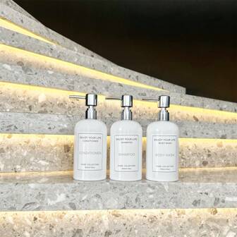 3-Pack 500ml/16oz White Refillable Plastic Lotion Bottles For Dispensing Large Capacity Shampoo, Shower Gel, Conditioner With Silver Chrome Pump, Waterproof Labels - Empty Bottles Kit For Hotel Bathroom Home Bathroom Decor Fall Decor Back To School