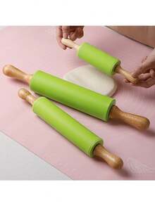 1pc Silicone Rolling Pin With Wooden Handle, Home Use Non-Stick Dough Roller, Dumpling Kneading Baking Tool, Kitchen Utensil - Green - View 8