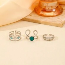 Dellgoo 1 Set Of 3 Stainless Steel Gold-Color Open Oval & Rhombus-Shaped Oil Drop Women Ring Set - Silver - View 2