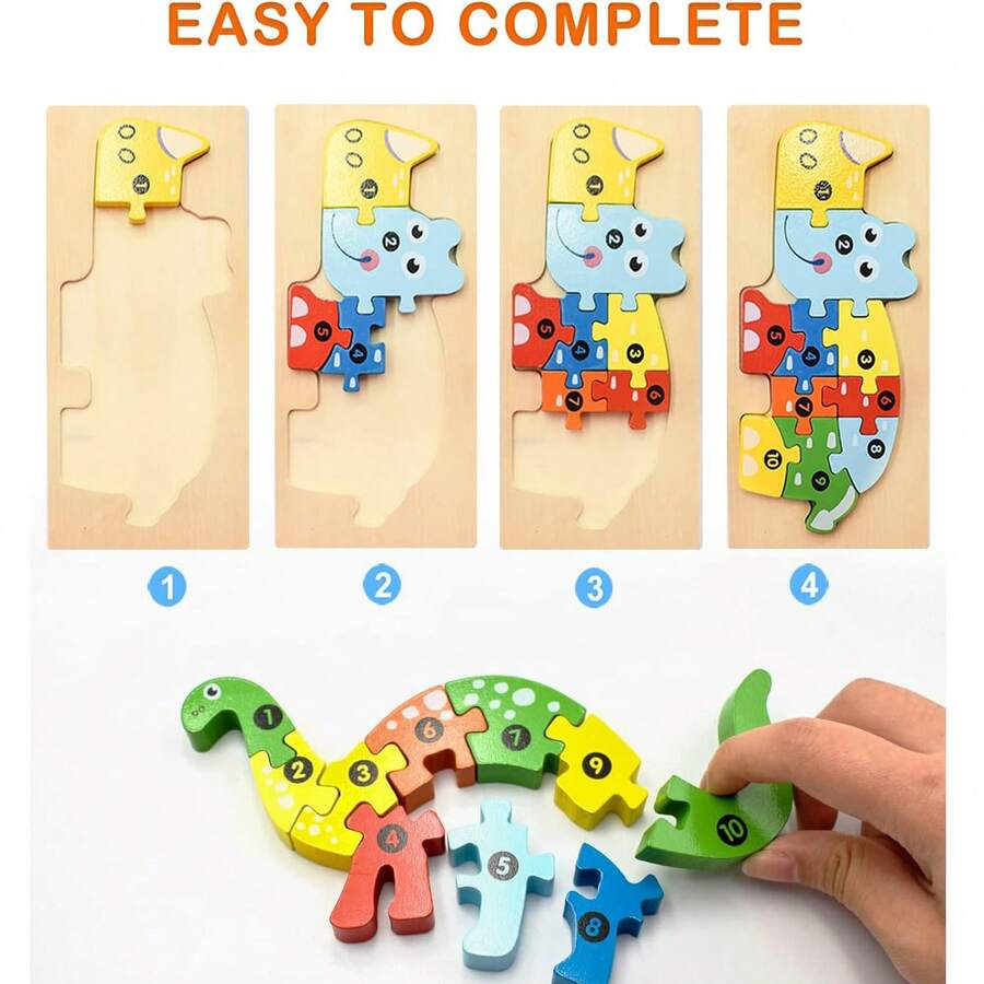 1PC Wooden Puzzles For Kids, Toddler Number Puzzle, Old Wooden Dinosaur