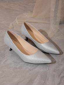 Zapatos De Tacón Bajo Plateados Para Bodas Y Fiestas De Mujeres, Con Punta Puntiaguda Y Diseño Elegante, Cómodo Y Llamativo - Plateado - Ver 6