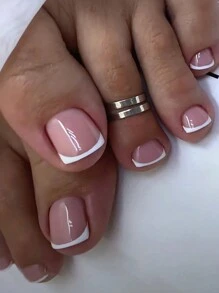 24pcs Short Fashionable, Simple And Elegant French Style Toe Nail Tips With White Edges, Suitable For Students, Office Ladies, Party, Dance, Wedding And Daily Wear, Making Your Feet Look Cool And Charming In Summer. Press On Nails Nail Supplies