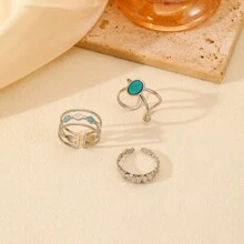 Dellgoo 1 Set Of 3 Stainless Steel Gold-Color Open Oval & Rhombus-Shaped Oil Drop Women Ring Set - Silver - View 3