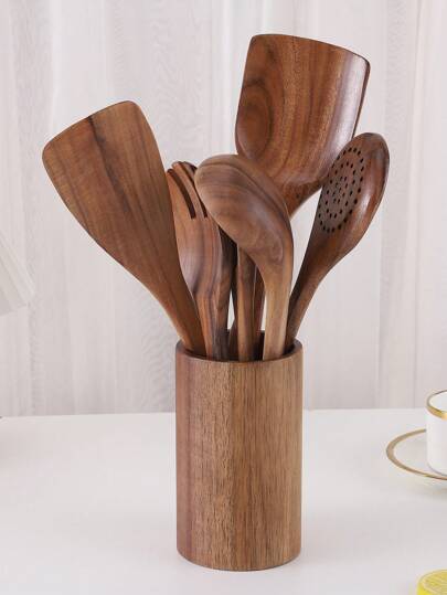 Cirelle 8pcs Wooden Cooking Utensil Set, Soup Spoon, Salad Fork, Long Rice Spoon, Slotted Spoon, Spatula, Utensil Holder, Kitchen Use, Rama Kitchen Essentials, Family Dining, Party Use, Housewarming Gift