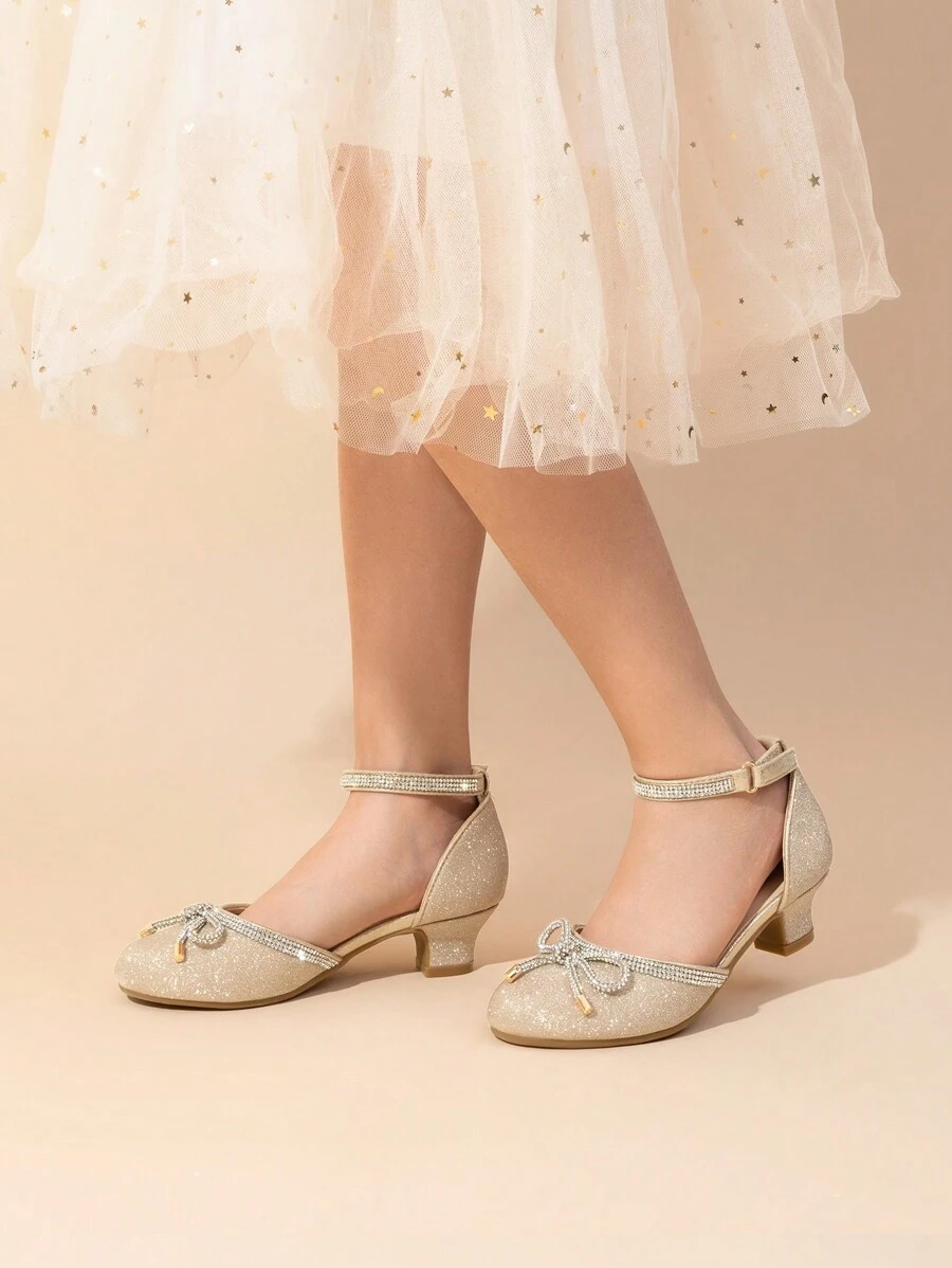 Girls Dress Shoes Pumps Bow Rhinestones Low Heels Flower Party Wedding Princess - Vàng - Xem 1