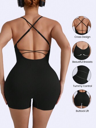 女士无缝瑜伽高弹力后背交叉腰性感吊带背心，时尚百搭，适合日常穿着，连体塑身衣