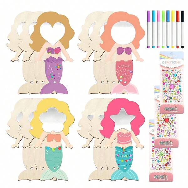 1 set Diseño de Sirena y Unicornio 23 piezas Mini Espejos de Madera Kit de Pintura Manualidades, Gran Regalo DIY para Fiesta de Niños, Espejo, Pintura de Sirena, Rellenos para Fiesta de Sirena