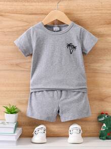 3sets Young Boy Casual Summer Outfits, Coconut Tree Graphic Short Sleeve T-Shirt And Shorts Sets