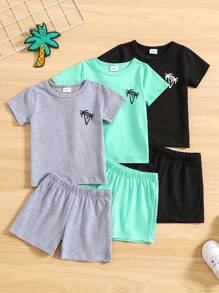 3sets Young Boy Casual Summer Outfits, Coconut Tree Graphic Short Sleeve T-Shirt And Shorts Sets
