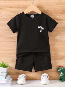 3sets Young Boy Casual Summer Outfits, Coconut Tree Graphic Short Sleeve T-Shirt And Shorts Sets